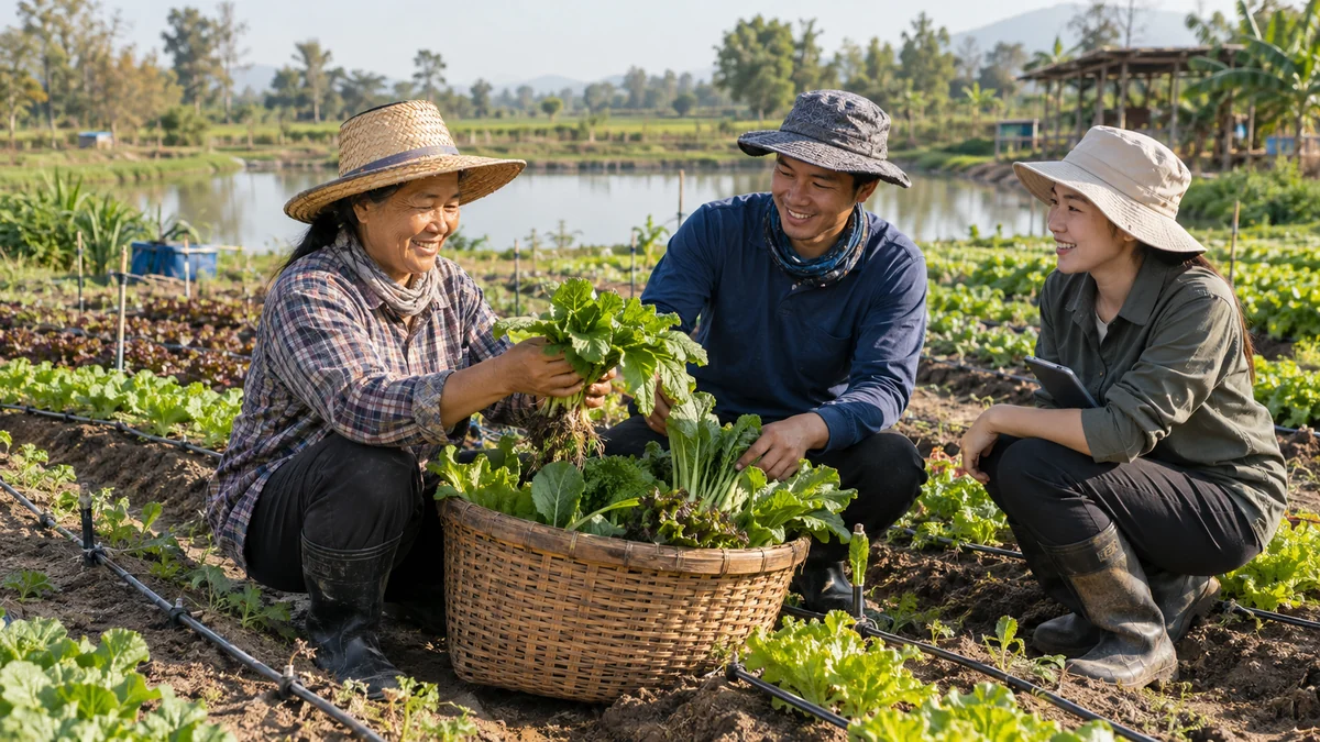 เกษตรกรร่วมดูแลแปลงผักที่ใช้น้ำอย่างเหมาะสมและแบ่งปันความภูมิใจในผลผลิต