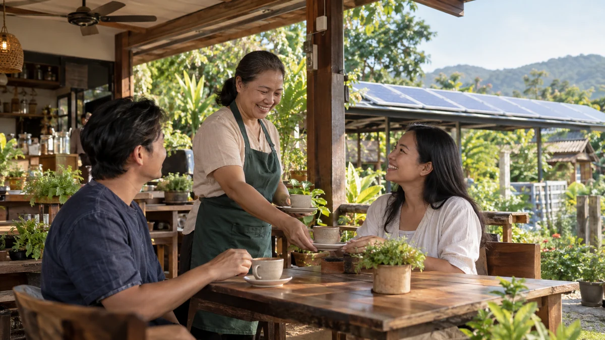 ร้านชุมชนต้อนรับลูกค้าในพื้นที่ร่มสบายที่ใช้พลังงานสะอาดเป็นส่วนหนึ่งของกิจการ