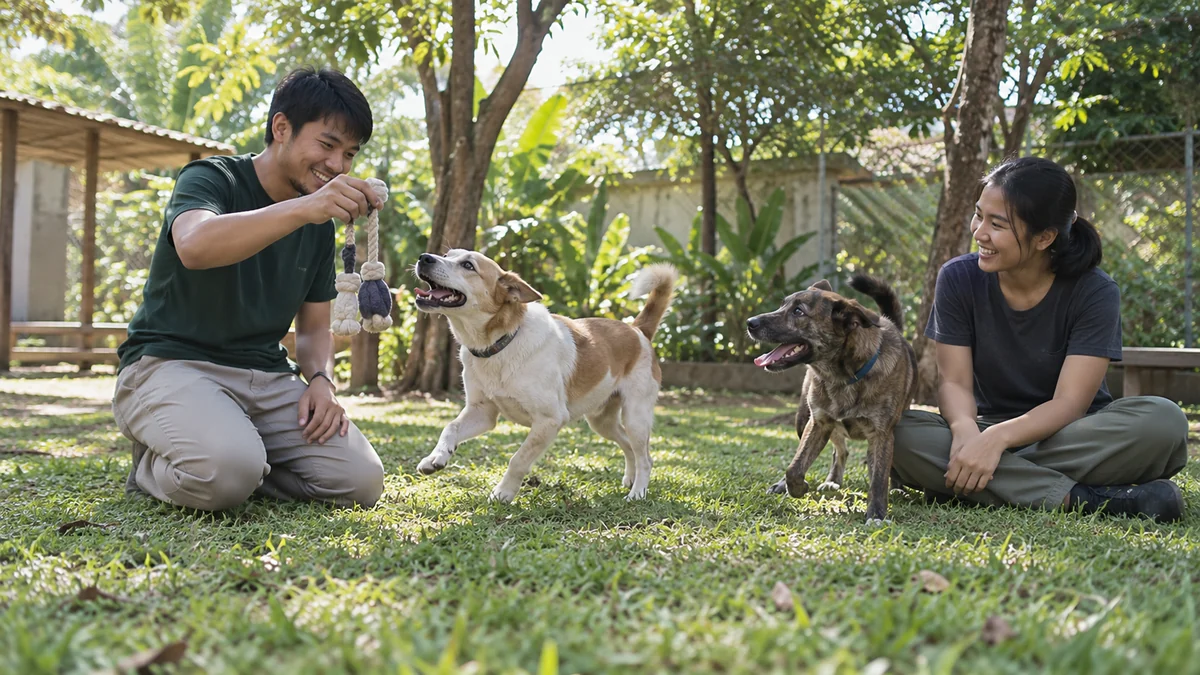 อาสาสมัครใช้เวลาเล่นกับสุนัขในสวนเพื่อเติมความสุขและความไว้วางใจ