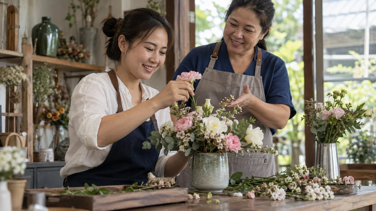 ผู้เรียนวัยผู้ใหญ่ฝึกจัดดอกไม้โดยมีครูแนะนำอย่างใกล้ชิดในห้องฝึกทักษะ